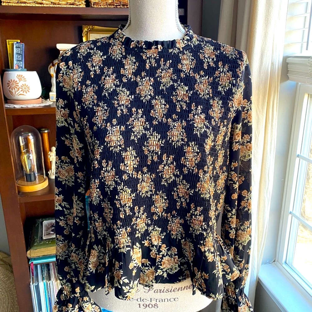 THML Anthropologie Floral Black and Cream Women's Top Medium EUC.